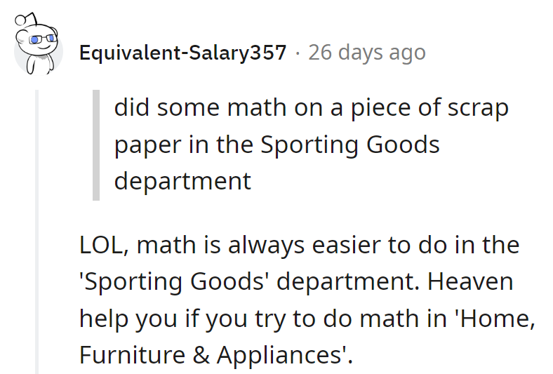 Math in 'Sporting Goods'? Easy. Try 'Home, Furniture & Appliances'—might need divine intervention!
