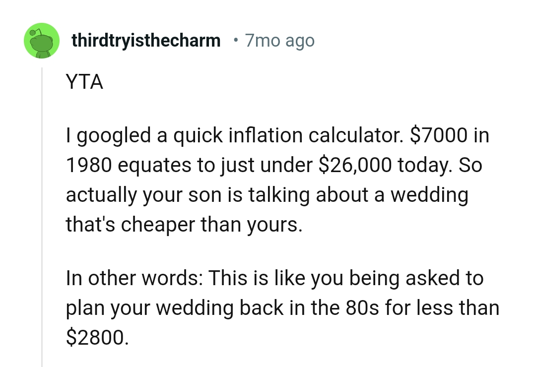 OP's son is talking about a wedding that cheaper than his