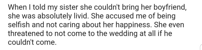On hearing this decision, OP's sister became upset and threatened not to attend the wedding