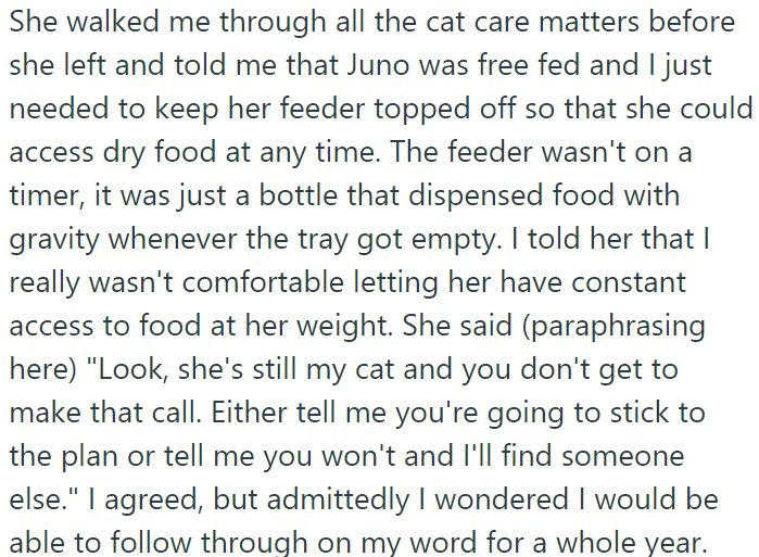 She briefed OP on cat care before leaving, mentioning Juno's free-feeding setup with a gravity-fed dispenser, OP expressed concern about Juno's weight and hesitated, but she insisted it was her decision.