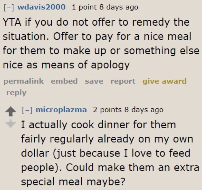 If the OP won't offer monetary compensation, then they should just replace it with another meal.