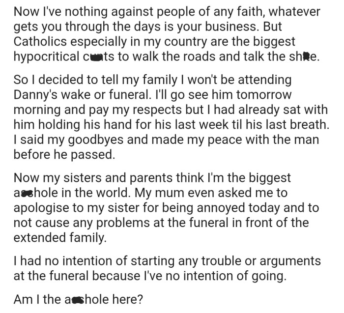 OP has decided that they won't be attending the funeral