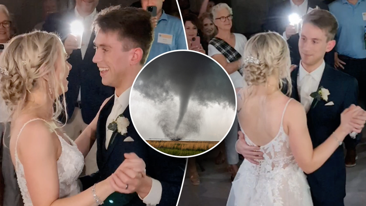 A tornado warning issued in the Lake Geneva, Wisconsin, area forced a couple to take shelter during their wedding reception.