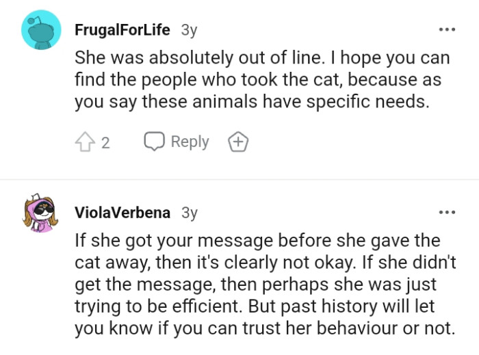 It's clearly not okay if she got the message before giving the cat away