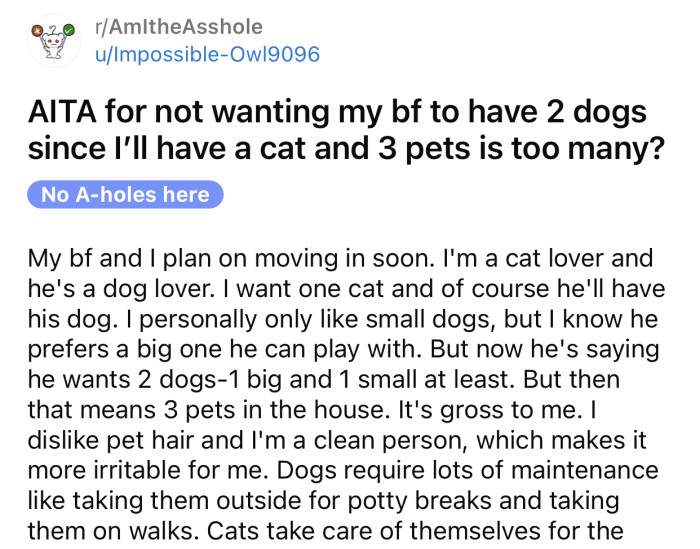 Redditor Plans To Move In With Her BF And Wants Him To Get Only One Dog