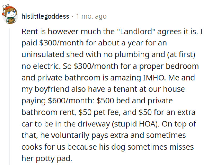 Renting: where the price tag includes both the room and an impromptu culinary guest appearance!