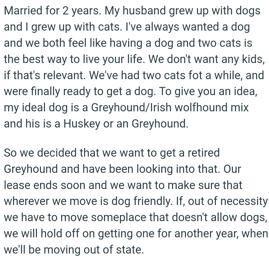 OP's ideal dog is a Greyhound/Irish wolfhound mix and her husband's is a Huskey or an Greyhound