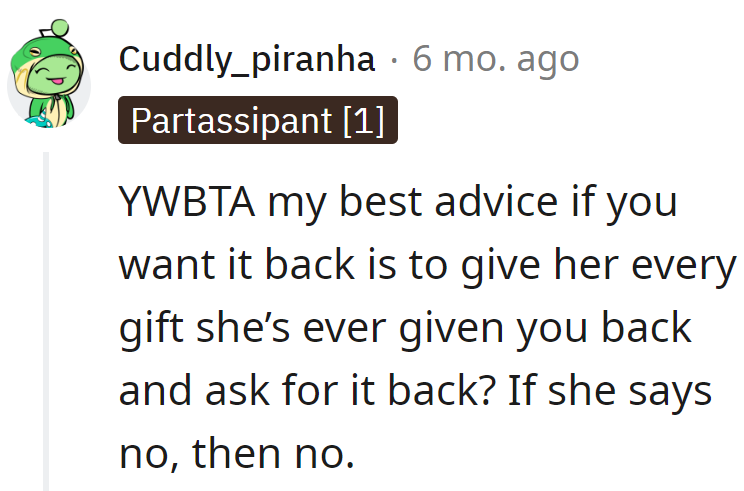 Exchange gifts like a reverse Santa, and if she's a 'No,' let it go. Presents for presents, not presents for possessions!