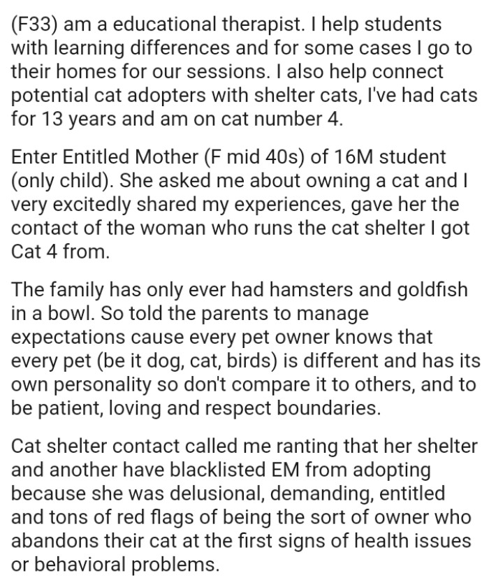 She asked the OP about owning a cat and she very excitedly shared her experiences