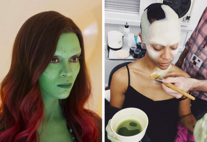 8. This is how they painted Zoe's skin to become Gamora.