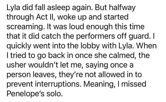 OP's baby started screaming at one point, which disturbed the performers.