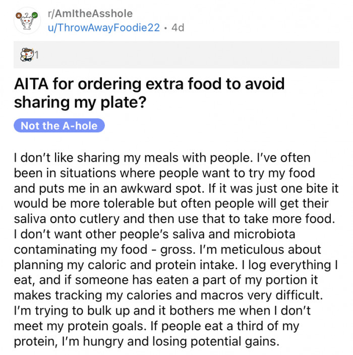 The OP explained that they don't like sharing food with people, so they feel awkward when people want to sample their food.