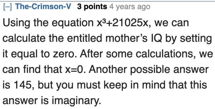 Redditor creates a mathematical equation calculating the entitled mother's IQ.