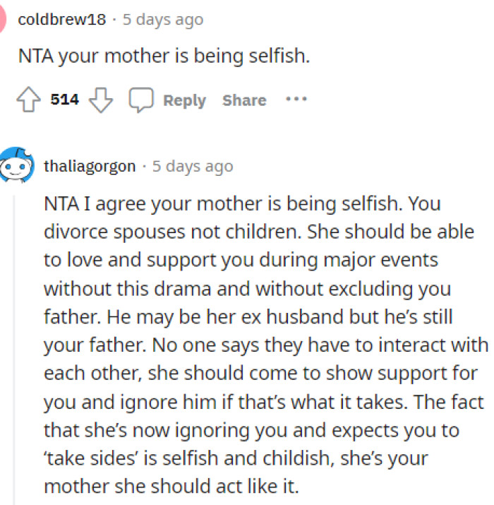 People immediately came to the comments to let her know that her mom is being selfish and that it's not right for her to be this way because of a divorce.