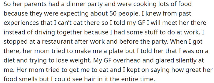 So, he refused to eat at the party and lied he was on a diet: