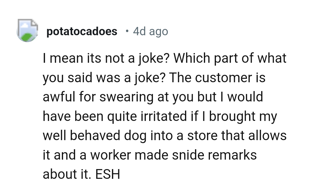 The customer is awful for swearing at the OP