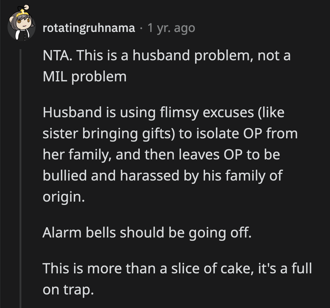 Her husband and his family aren't good for OP and her baby. Staying with her mom to clear her head is the best thing OP could have done.