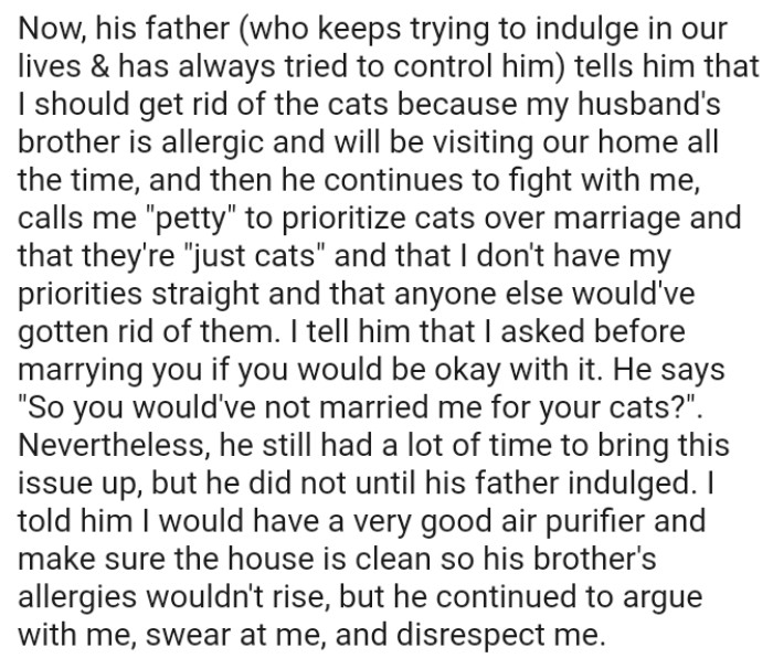 Man Demands That His Wife Get Rid Of The Cats He Agreed To Get, Wife