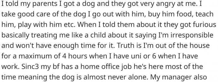 He told his parents he got a dog, and they got furious. His brother joined them in criticizing his decision.