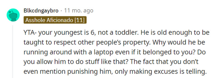 OP's 6-year-old should learn to respect others' property, and the absence of discipline is noticeable.