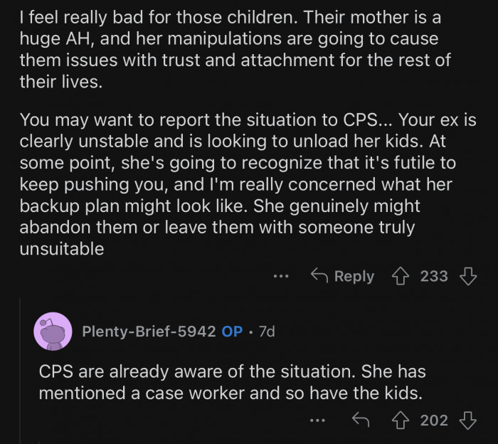 OP's ex is clearly unstable and unfit to be a mother to those children.