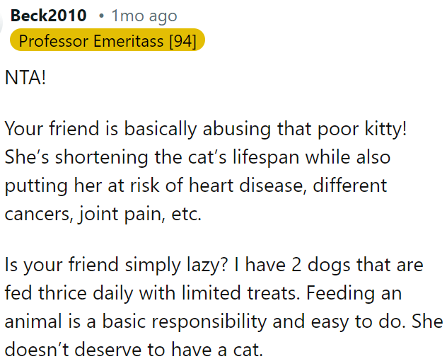 OP's friend is mistreating the cat by overfeeding it, which can lead to health problems.
