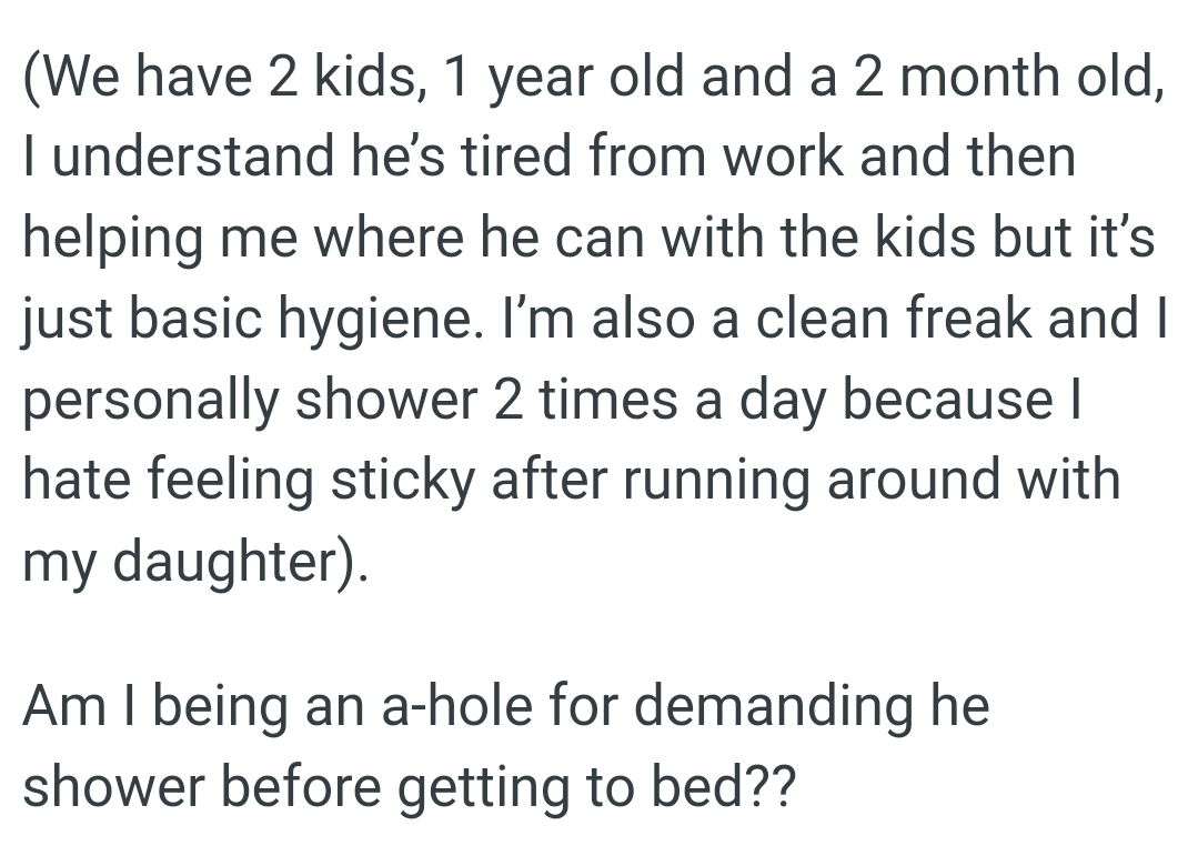 Woman Wants To Know If She's Wrong For Wanting Her Husband To Shower