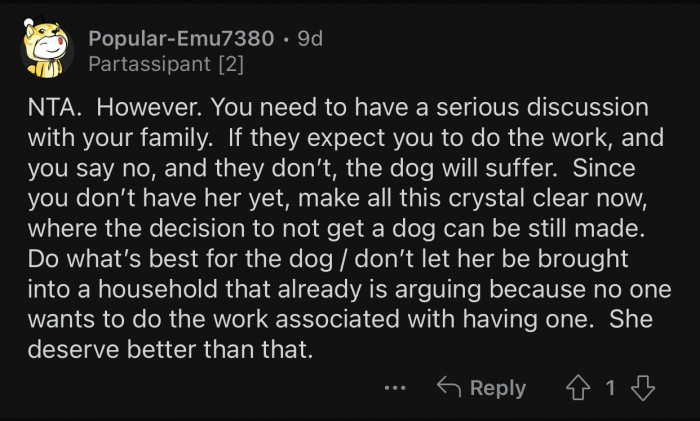 Op needs to have a serious discussion with her family about the dog.