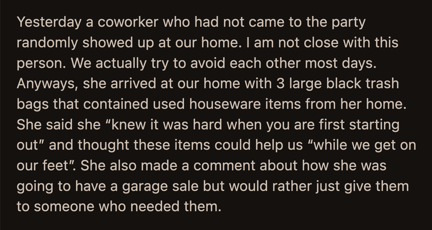 After a short back and forth, OP offered to take the used housewares to a local charity if her coworker couldn't.