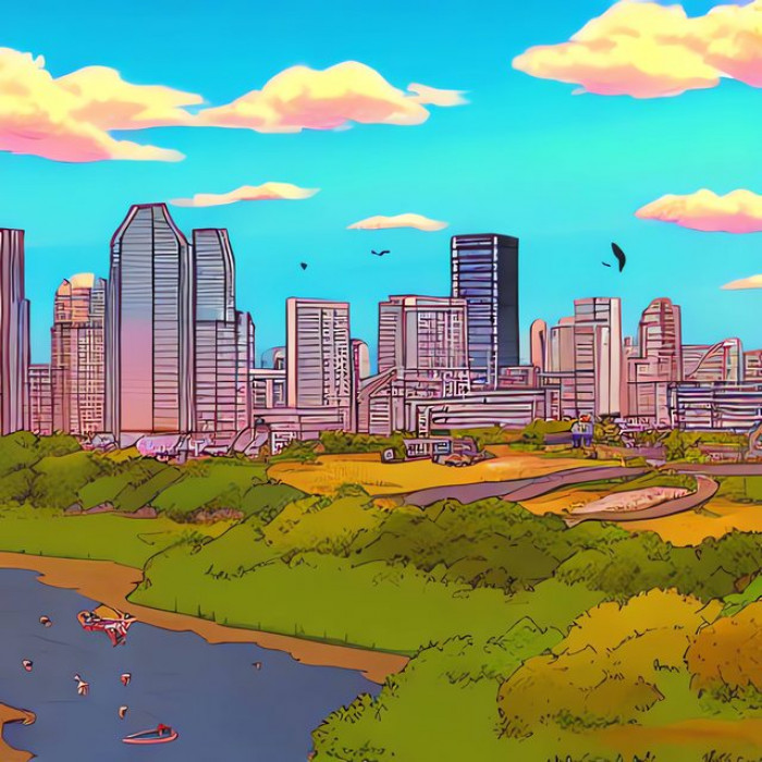 An illustration of the beautiful city of Austin, depicting skyscrapers, birds in the sky and a few people having fun in a nearby river