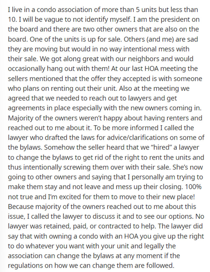 OP's post starts off by explaining the situation at large and telling us that they are switching things up with their HOA agreement.