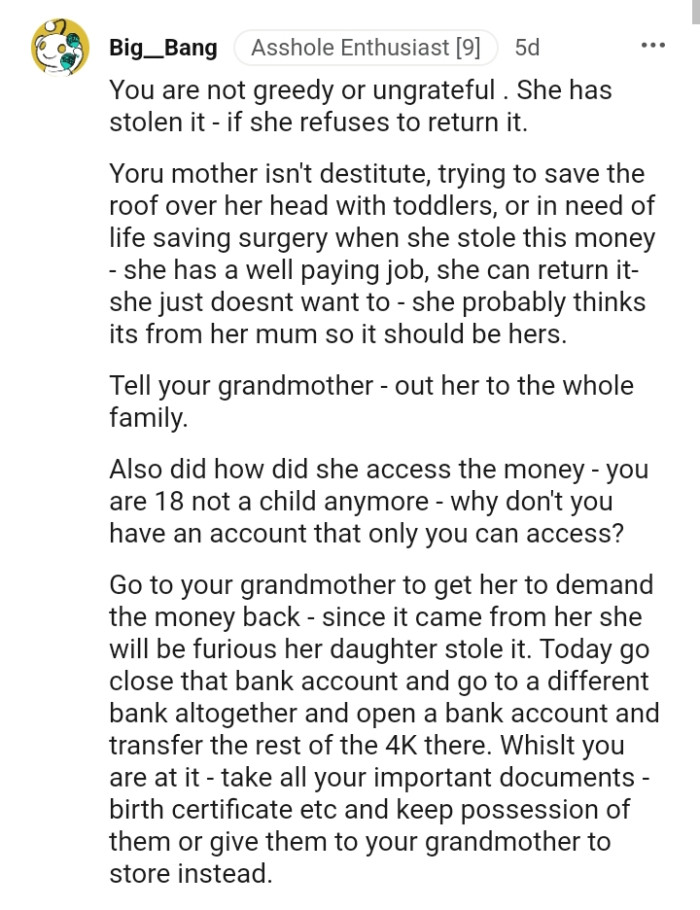 Teenager Wants Her Mom To Return A Huge Chunk Of Money She Took From