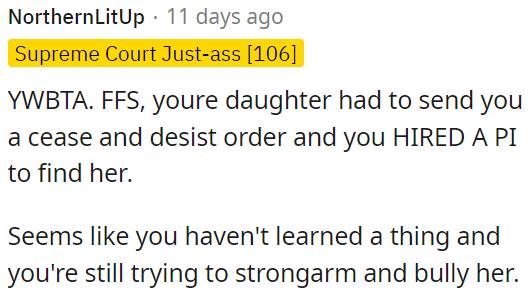 It appears OP hasn't changed and is still attempting to intimidate and pressure his daughter.