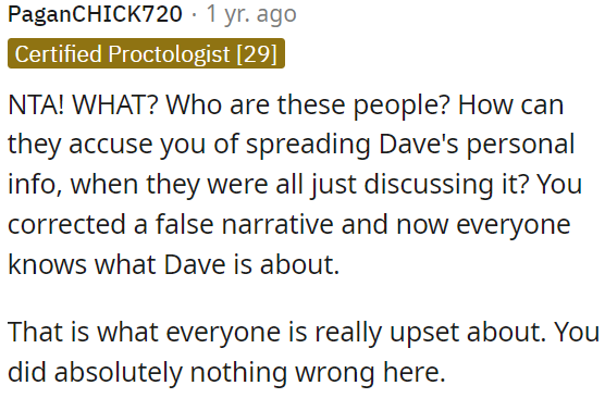 OP just set the record straight, and now everyone knows the truth about Dave.