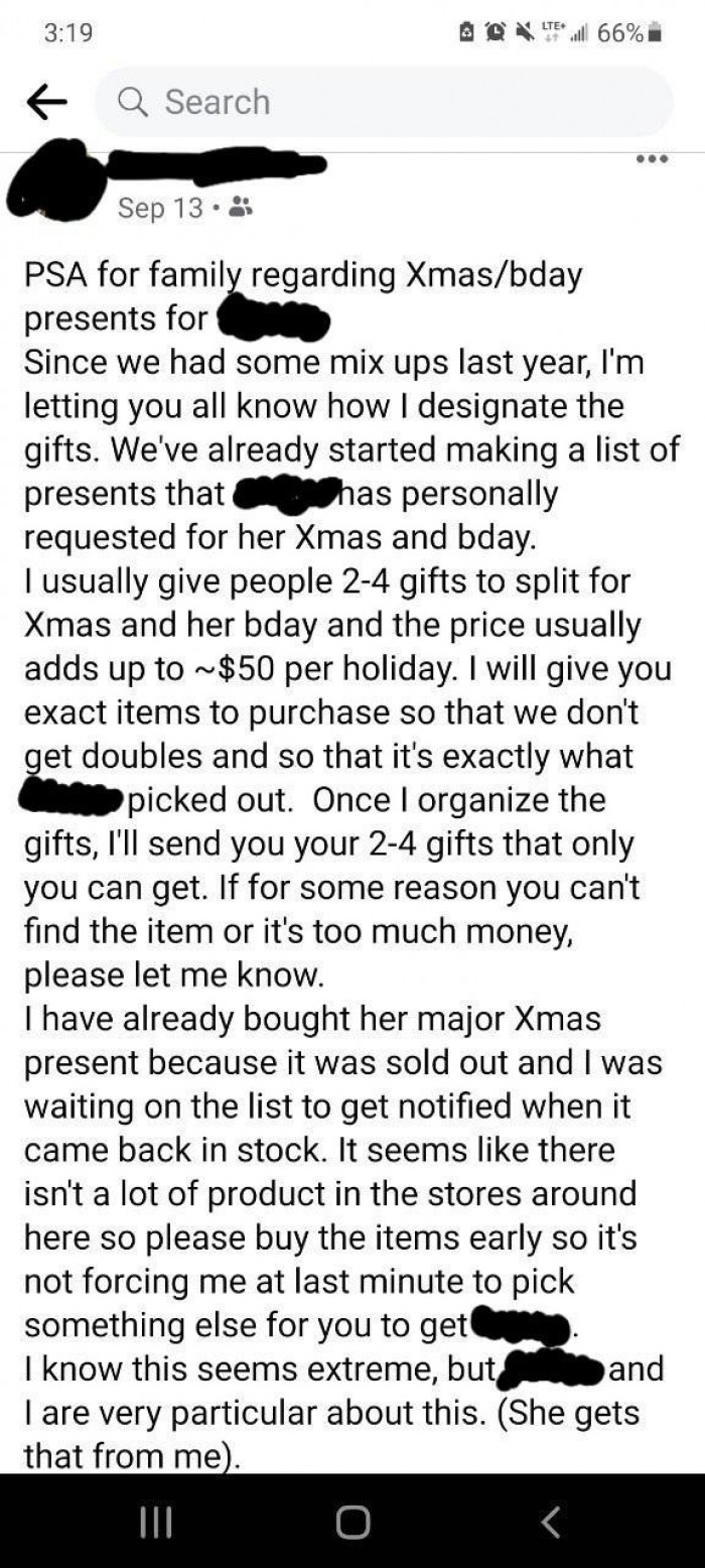 3. Mom wants specific items as gifts during Christmas and her daughter's birthday
