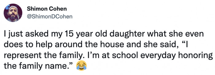 14. This teenager who is upholding their reputation and honoring the family name daily when she's in school