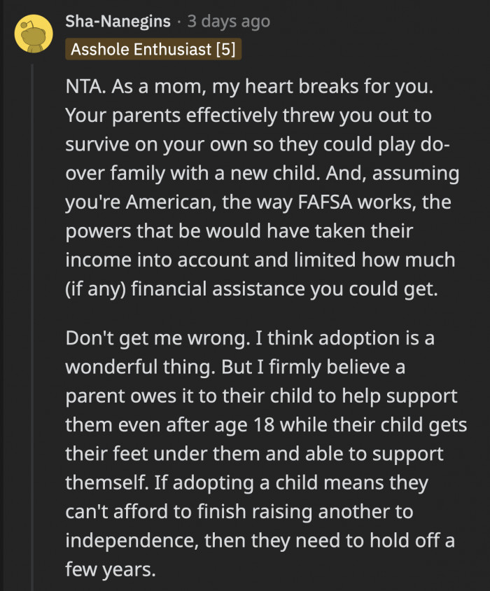 A mother left a comment for OP on how it was heartbreaking for her to hear about his situation