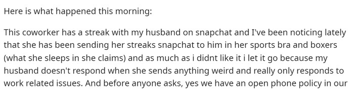 Then she goes into the story itself and explains how her husband has a coworker that is constantly overstepping her boundaries with OP's husband.
