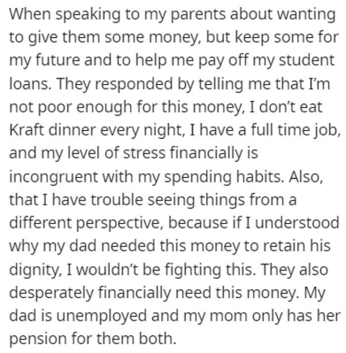 OP suggested that she gives some of the money but keeps the rest to help with her students loans