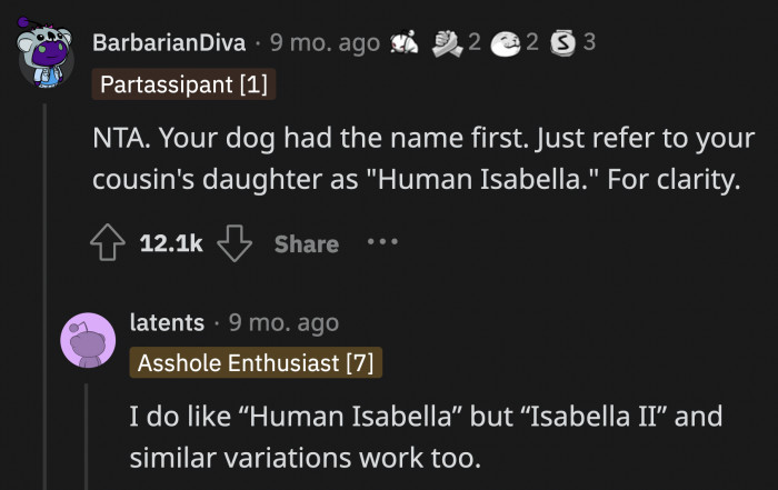 Redditors have very interesting suggestions how OP's family can distinguish dog Isabella from human Isabella