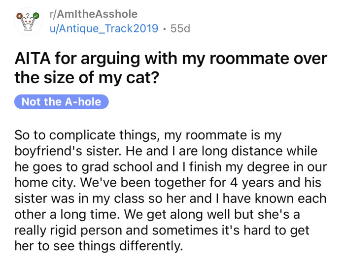 The OP asked if she's an a**hole for arguing with her roommate over the size of her cat.