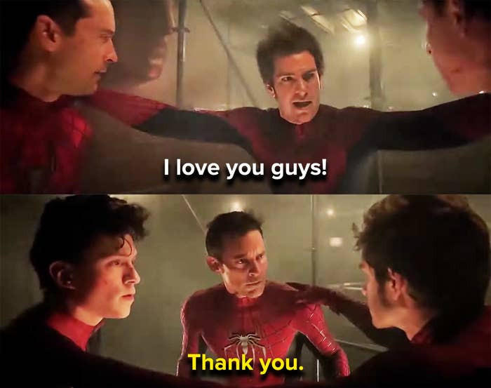 Andrew also improvised the part where he told the other two Spideys 