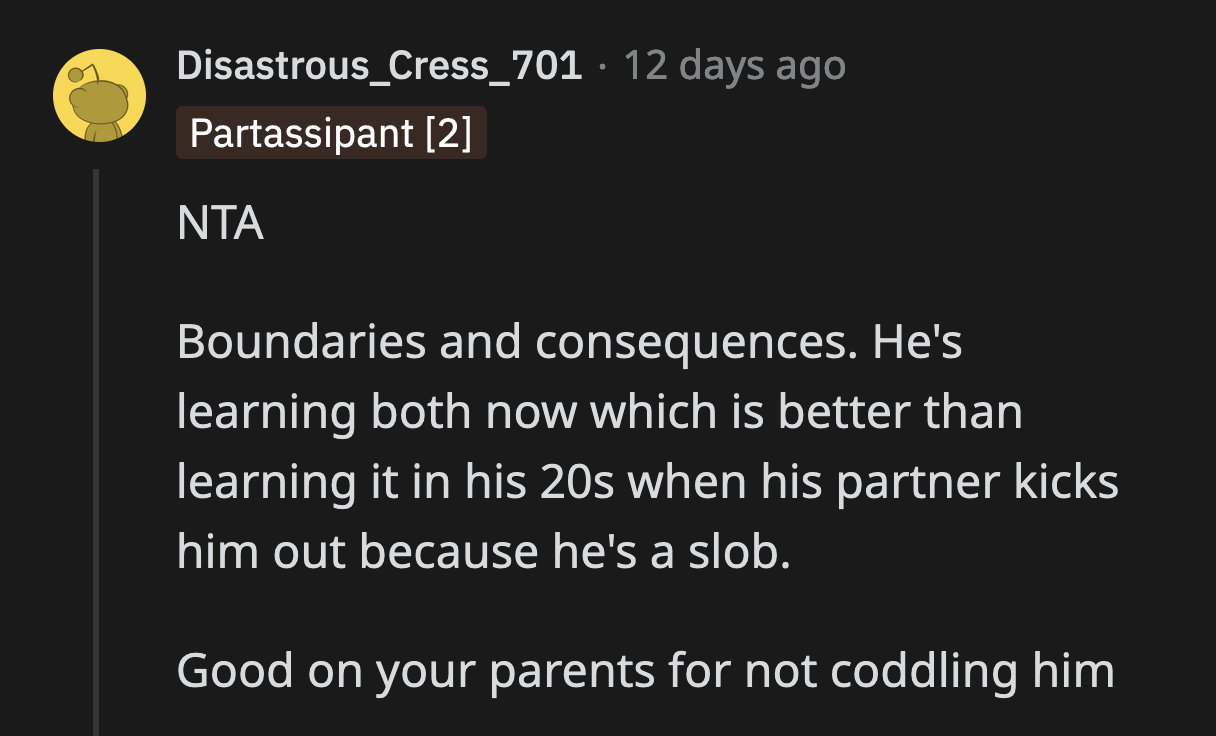 OP's younger brother is old enough to learn about responsibility and accountability. The consequences could be worse if he continues to behave this way as an adult.