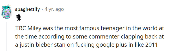 Ah, the glory days of Google Plus, where Miley's teenage reign once outshone even Justin Bieber's stans.