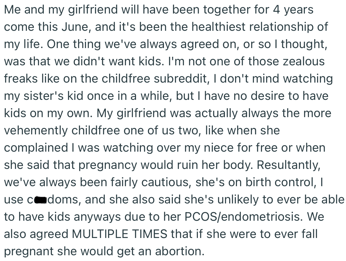 OP was in a 4-year relationship with his girlfriend and they both agreed to be child-free