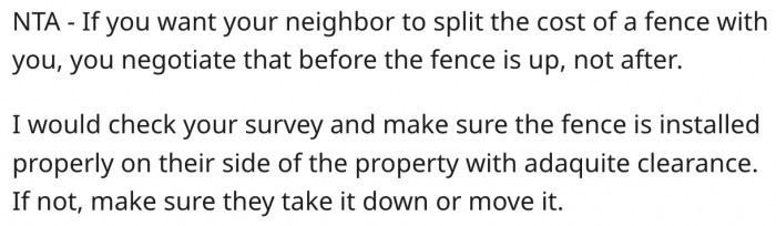 19. Since her neighbour didn't negotiate beforehand, she shouldn't pay.