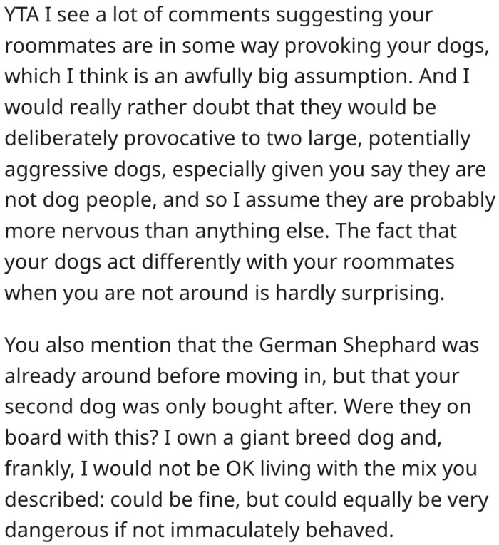 3. It's unlikely her roommates intentionally provoke two big aggressive dogs.