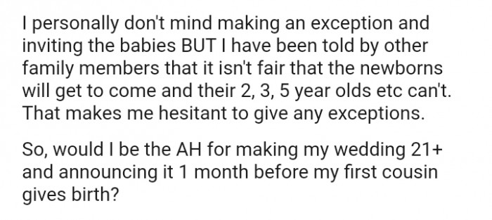 The OP have been told by other family members that it isn't fair that the newborns will get to come