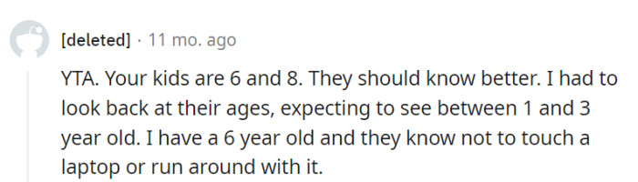 At ages 6 and 8, kids should indeed know better than to mishandle a laptop.