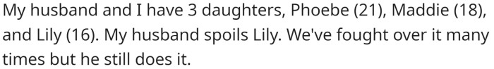 OP and her husband have three daughters, Phoebe (21), Maddie (18), and Lily (16). OP and her husband had often argued over her husband's tendency to spoil Lily.